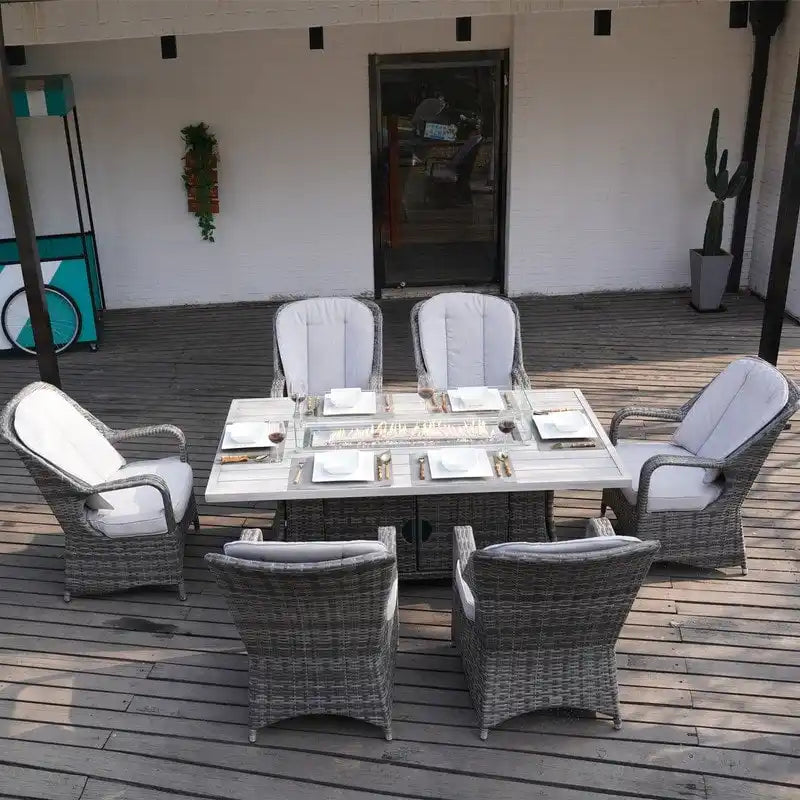 Ensembles de salle à manger de patio 7 pièces avec table foyer en aluminium