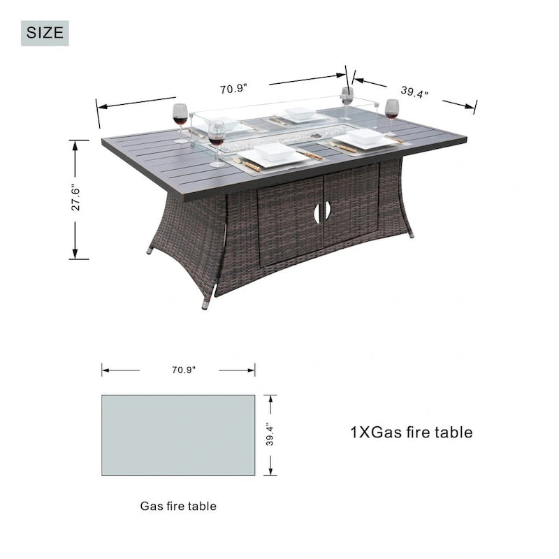 Ensembles de salle à manger de patio 7 pièces avec table foyer en aluminium