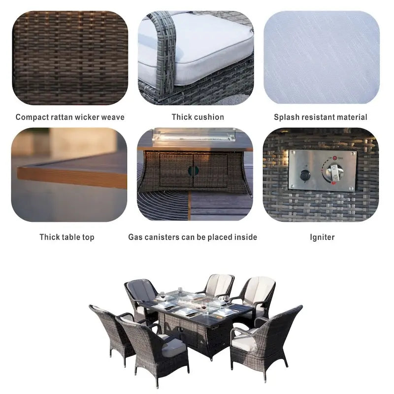 Ensembles de salle à manger de patio 7 pièces avec table foyer en aluminium