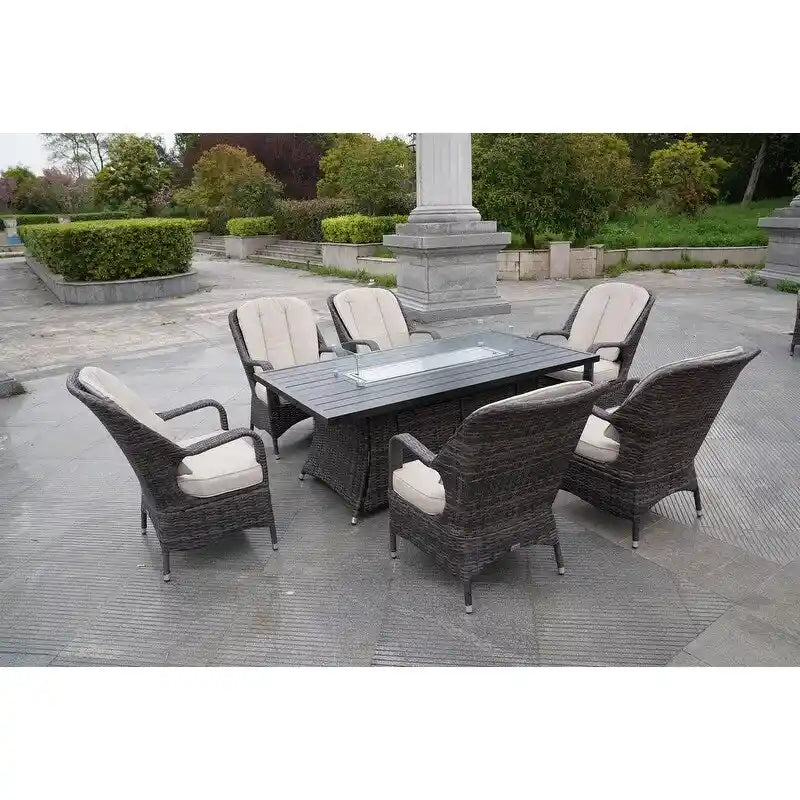 Ensembles de salle à manger de patio 7 pièces avec table foyer en aluminium
