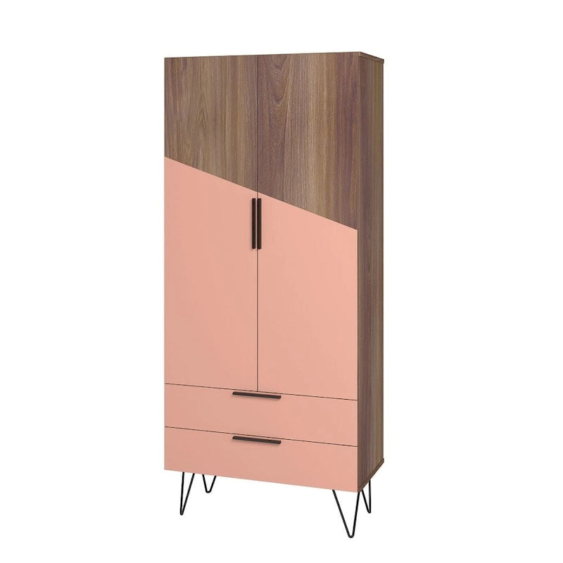 Meuble haut Mid-Century Blanc/Rose/Noir avec 6 étagères et 2 tiroirs