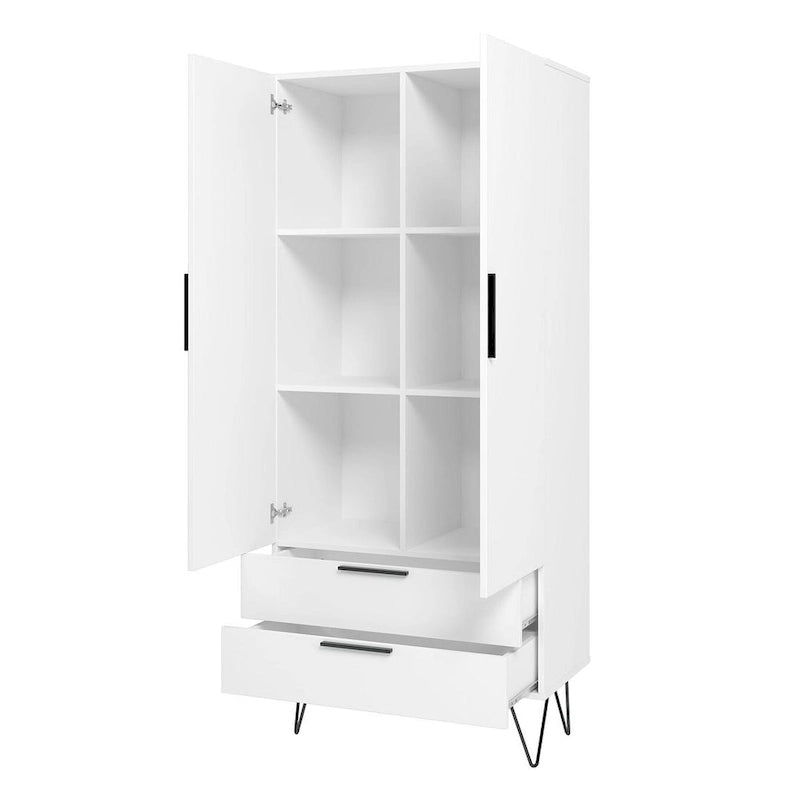 Meuble haut Mid-Century Blanc/Rose/Noir avec 6 étagères et 2 tiroirs