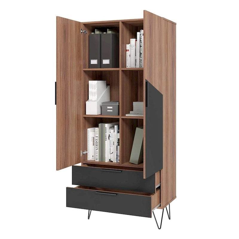 Meuble haut Mid-Century Blanc/Rose/Noir avec 6 étagères et 2 tiroirs