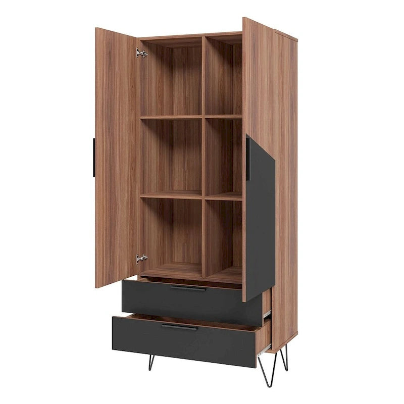 Meuble haut Mid-Century Blanc/Rose/Noir avec 6 étagères et 2 tiroirs