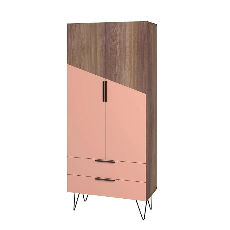 Meuble haut Mid-Century Blanc/Rose/Noir avec 6 étagères et 2 tiroirs