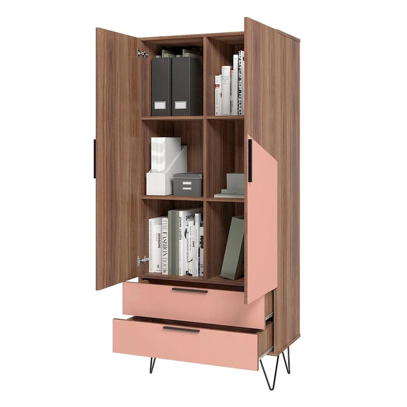 Meuble haut Mid-Century Blanc/Rose/Noir avec 6 étagères et 2 tiroirs