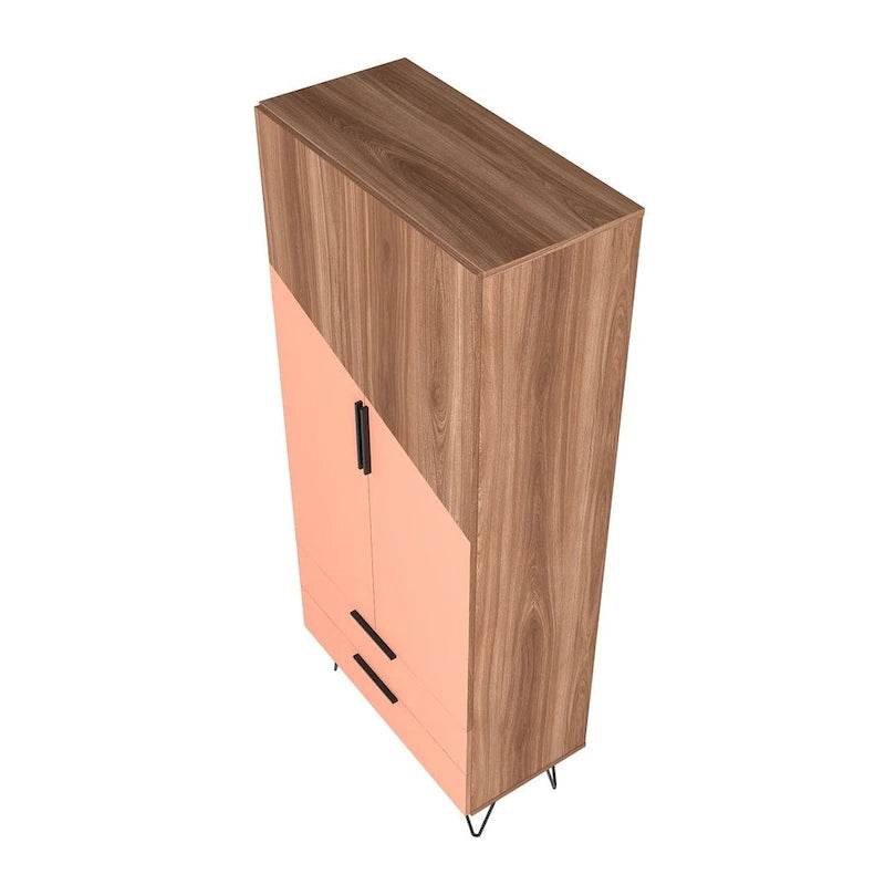 Meuble haut Mid-Century Blanc/Rose/Noir avec 6 étagères et 2 tiroirs