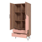 Meuble haut Mid-Century Blanc/Rose/Noir avec 6 étagères et 2 tiroirs