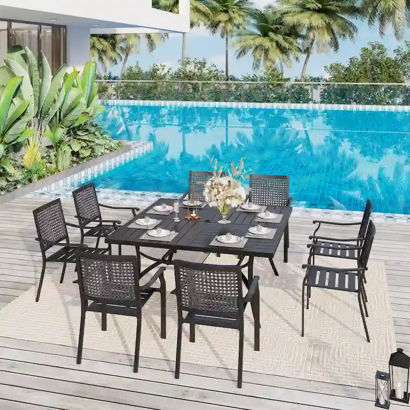 MAISON ARTS Ensemble de salle à manger de patio 9 pièces 1 grande table carrée en métal et 8 chaises empilables