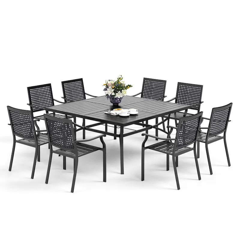 MAISON ARTS Ensemble de salle à manger de patio 9 pièces 1 grande table carrée en métal et 8 chaises empilables