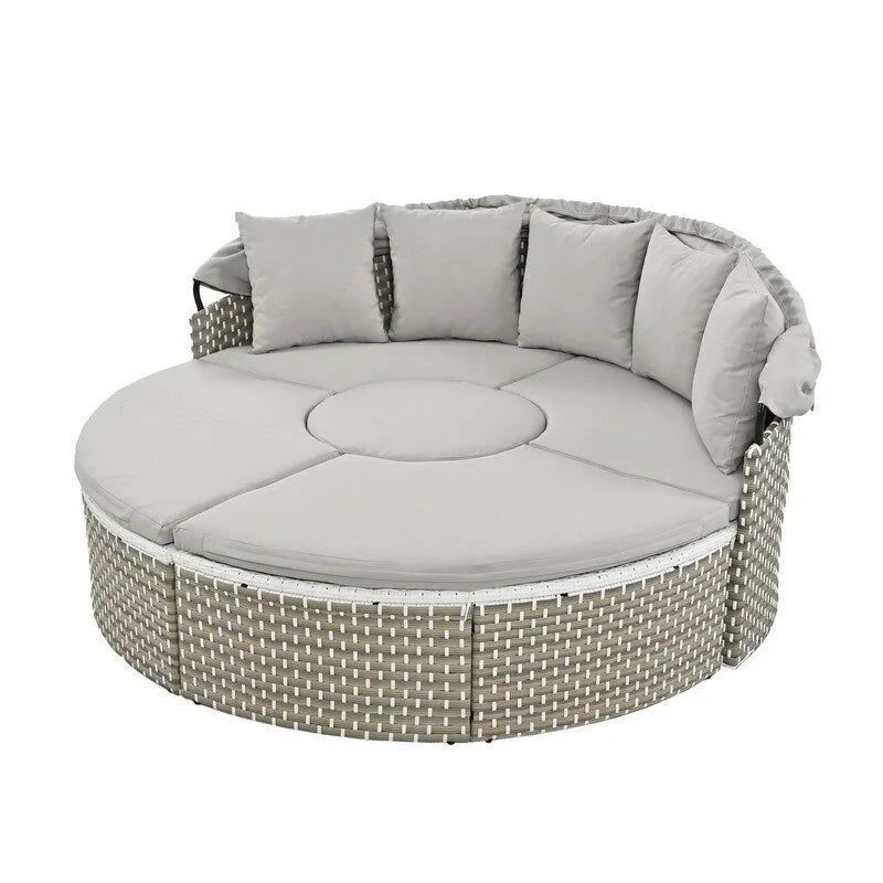 Lit de jardin rond bicolore en osier avec pare-soleil rétractable