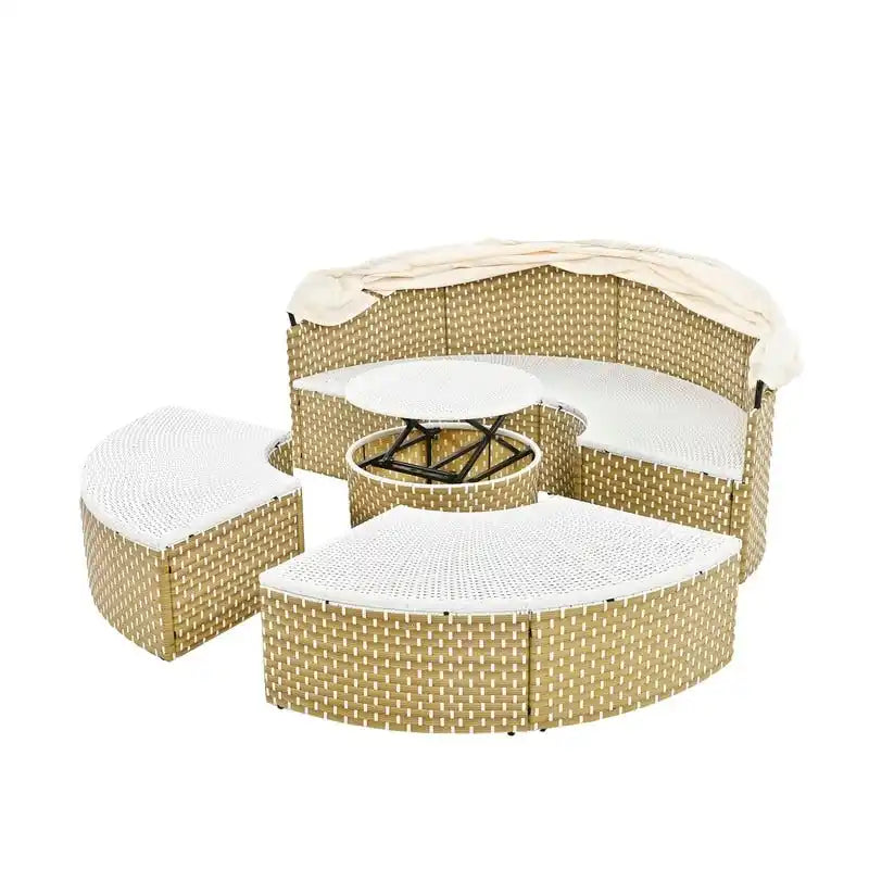 Lit de jardin rond bicolore en osier avec pare-soleil rétractable