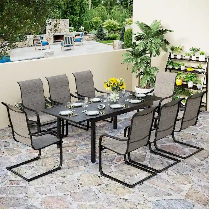 MAISON ARTS Ensemble de salle à manger de patio 9/7 pièces, mobilier de jardin en métal, 8/6 chaises à mouvement de ressort en C et 1 table extensible