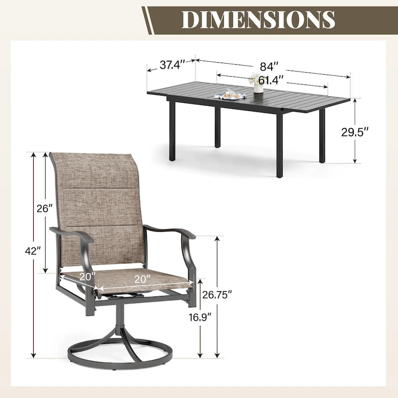 MAISON ARTS Ensemble de salle à manger de patio 9/7 pièces, mobilier de jardin en métal, 8/6 chaises à mouvement de ressort en C et 1 table extensible