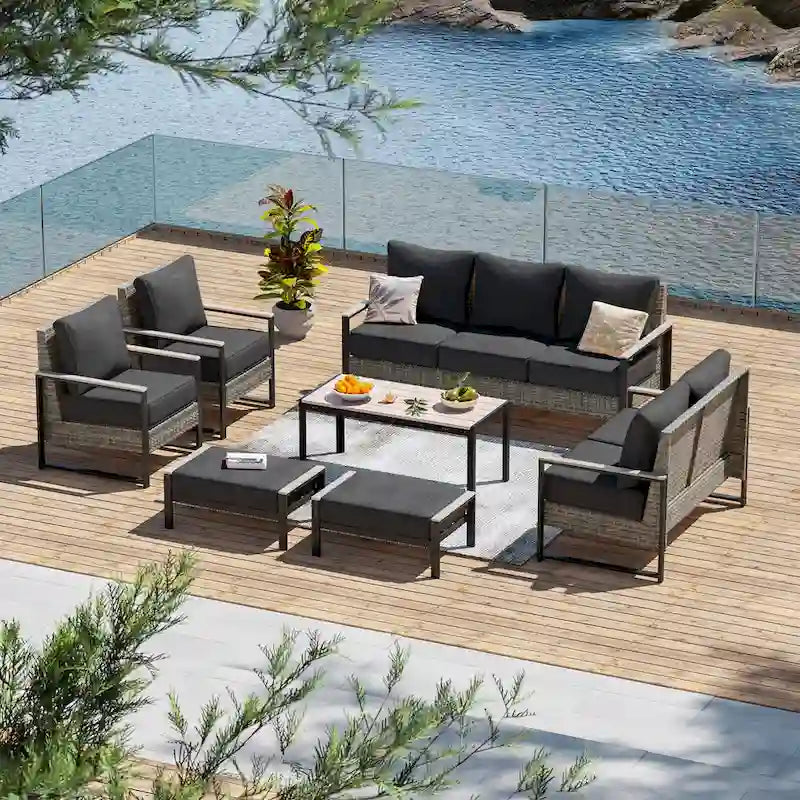 Ensemble de terrasse en rotin 7 pièces avec canapé 3 places, coussins épais, table basse et cadre robuste