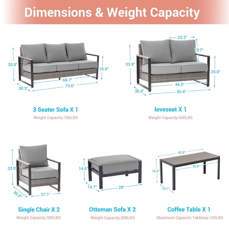 Ensemble de terrasse en rotin 7 pièces avec canapé 3 places, coussins épais, table basse et cadre robuste