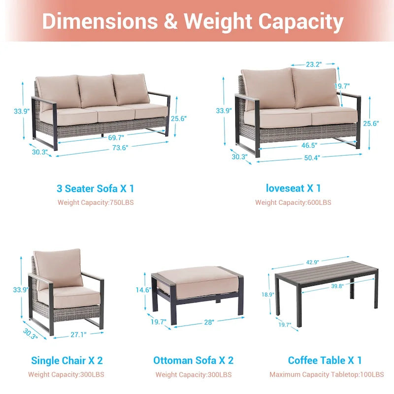 Ensemble de terrasse en rotin 7 pièces avec canapé 3 places, coussins épais, table basse et cadre robuste