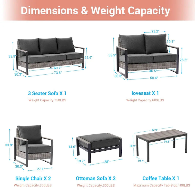 Ensemble de terrasse en rotin 7 pièces avec canapé 3 places, coussins épais, table basse et cadre robuste