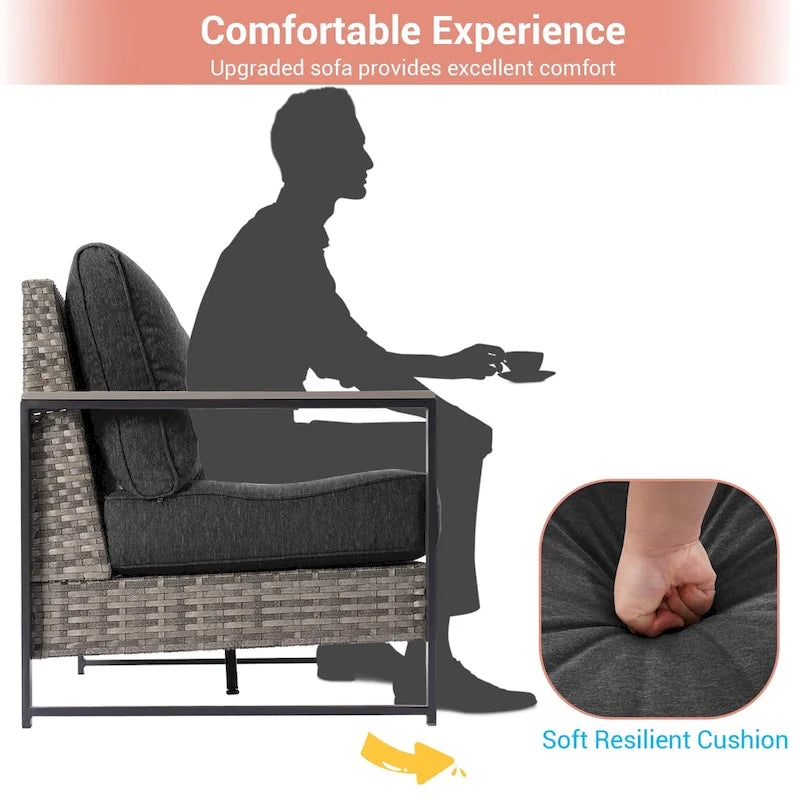 Ensemble de terrasse en rotin 7 pièces avec canapé 3 places, coussins épais, table basse et cadre robuste