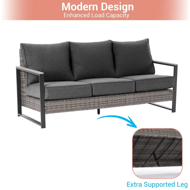 Ensemble de terrasse en rotin 7 pièces avec canapé 3 places, coussins épais, table basse et cadre robuste
