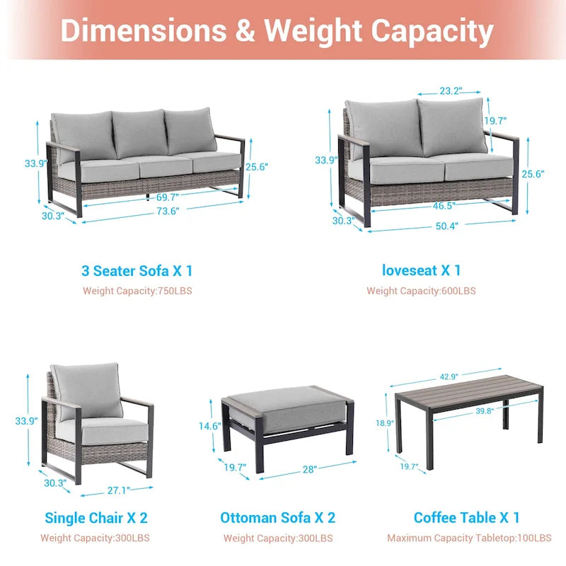 Ensemble de terrasse en rotin 7 pièces avec canapé 3 places, coussins épais, table basse et cadre robuste
