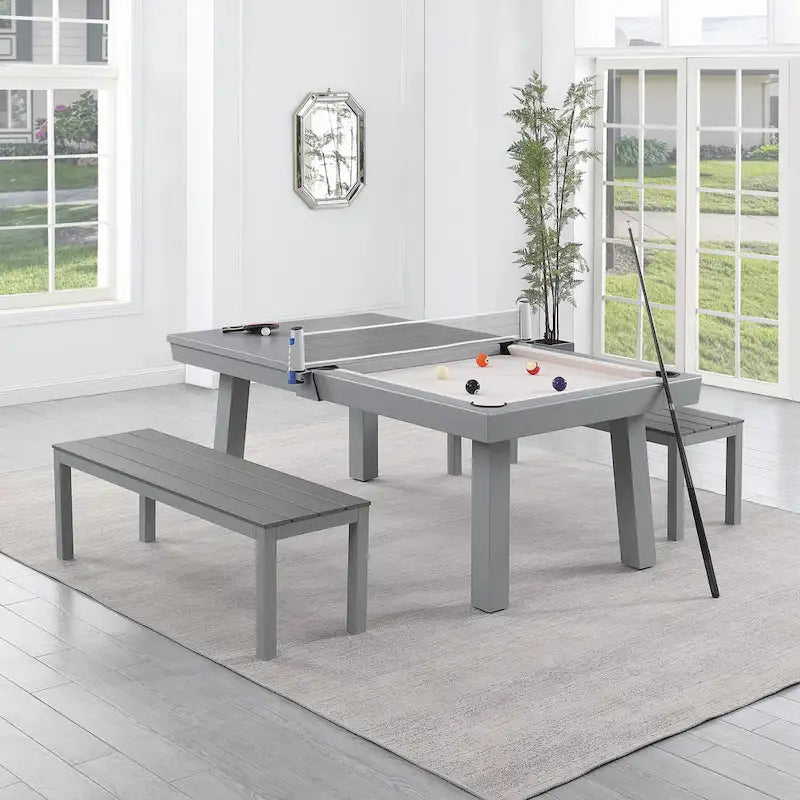 Ensemble de salle à manger avec table de billard extérieure Newport 2,13 m en ardoise avec 2 bancs et accessoires, finition ciment