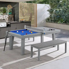 Ensemble de salle à manger avec table de billard extérieure Newport 2,13 m en ardoise avec 2 bancs et accessoires, finition ciment