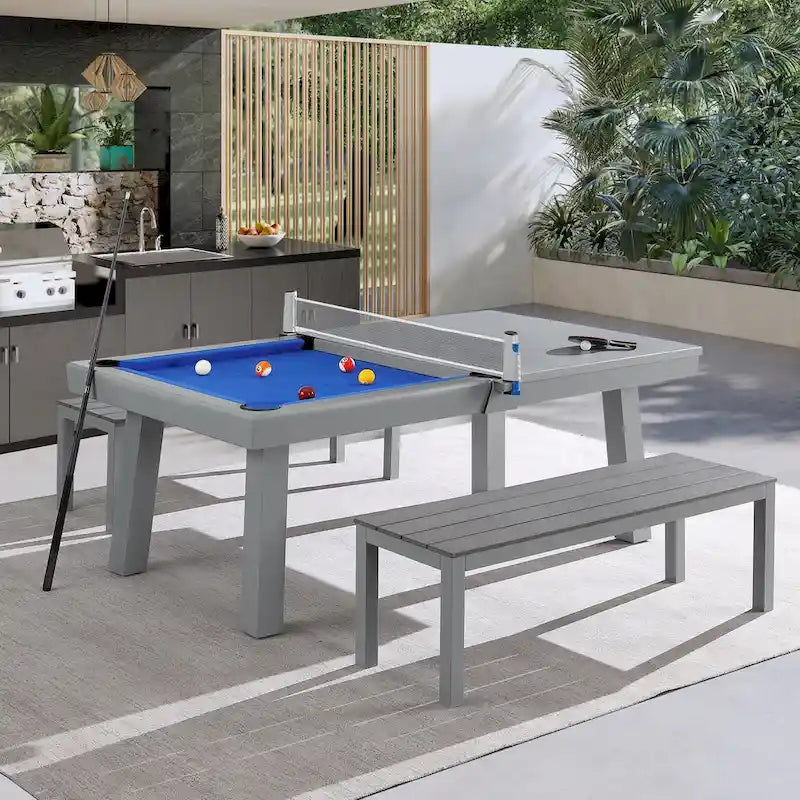 Ensemble de salle à manger avec table de billard extérieure Newport 2,13 m en ardoise avec 2 bancs et accessoires, finition ciment
