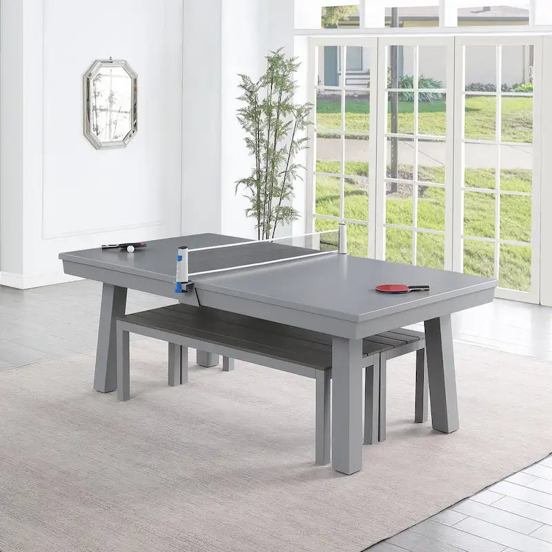 Ensemble de salle à manger avec table de billard extérieure Newport 2,13 m en ardoise avec 2 bancs et accessoires, finition ciment