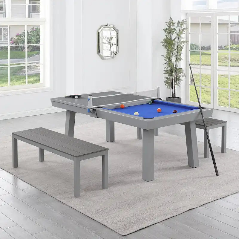 Ensemble de salle à manger avec table de billard extérieure Newport 2,13 m en ardoise avec 2 bancs et accessoires, finition ciment