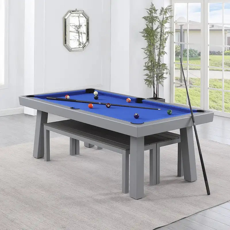 Ensemble de salle à manger avec table de billard extérieure Newport 2,13 m en ardoise avec 2 bancs et accessoires, finition ciment