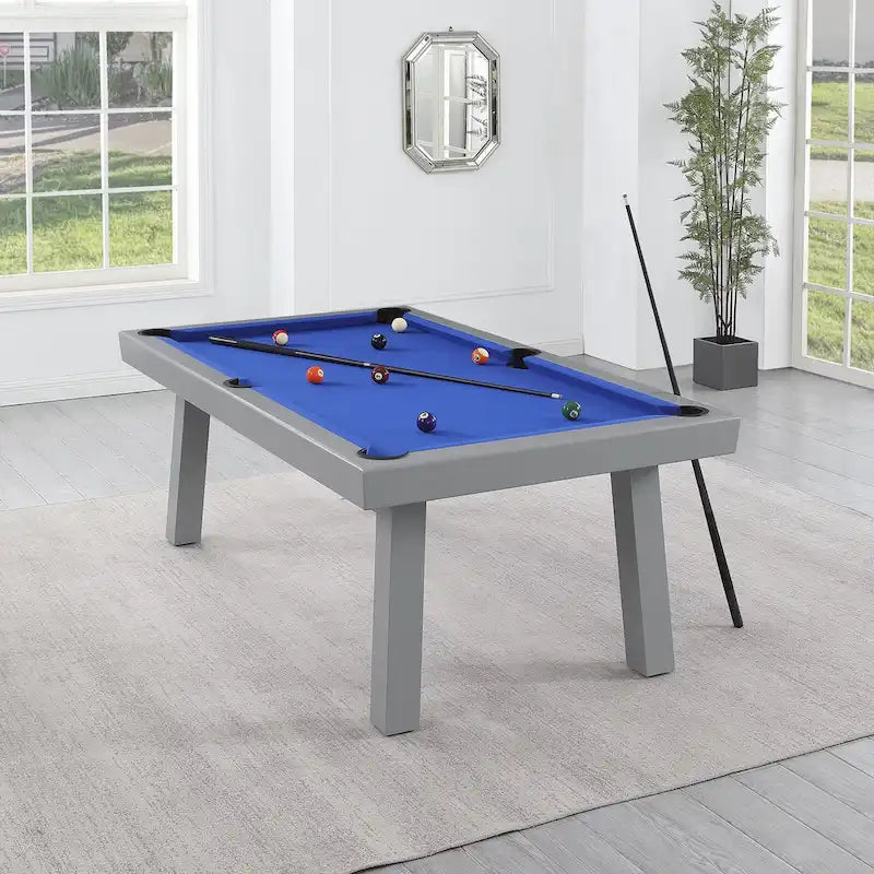 Ensemble de salle à manger avec table de billard extérieure Newport 2,13 m en ardoise avec 2 bancs et accessoires, finition ciment