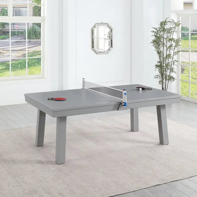 Ensemble de salle à manger avec table de billard extérieure Newport 2,13 m en ardoise avec 2 bancs et accessoires, finition ciment
