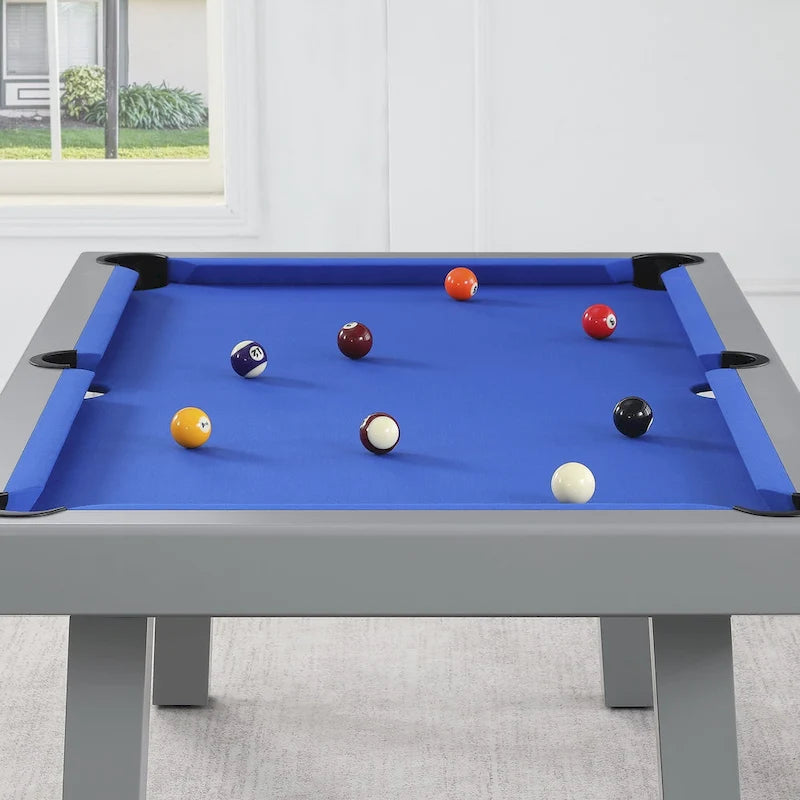 Ensemble de salle à manger avec table de billard extérieure Newport 2,13 m en ardoise avec 2 bancs et accessoires, finition ciment