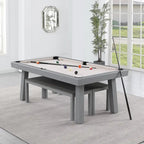 Ensemble de salle à manger avec table de billard extérieure Newport 2,13 m en ardoise avec 2 bancs et accessoires, finition ciment