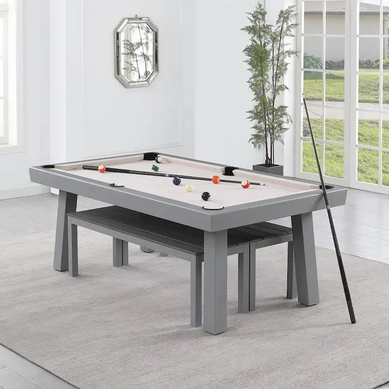Ensemble de salle à manger avec table de billard extérieure Newport 2,13 m en ardoise avec 2 bancs et accessoires, finition ciment