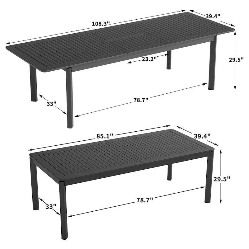 Table à manger d'extérieur rectangulaire extensible en aluminium DESwan 108 po x 39 po
