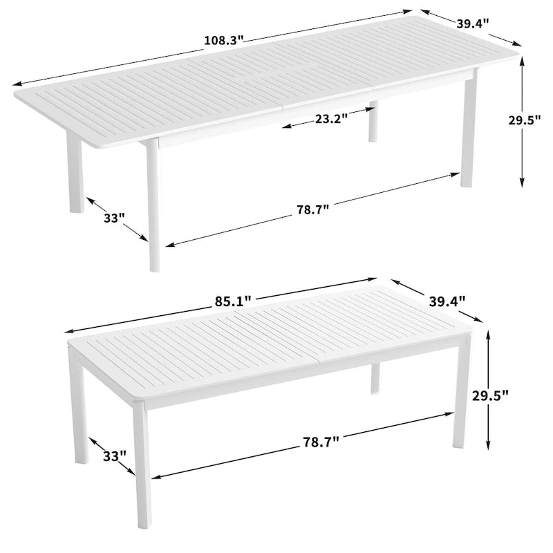 Table à manger d'extérieur rectangulaire extensible en aluminium DESwan 108 po x 39 po