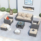 OVIOS Ensemble de conversation sectionnel en osier 6 pièces pour patio avec table de rangement en forme de tête de chat