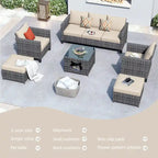 OVIOS Ensemble de conversation sectionnel en osier 6 pièces pour patio avec table de rangement en forme de tête de chat