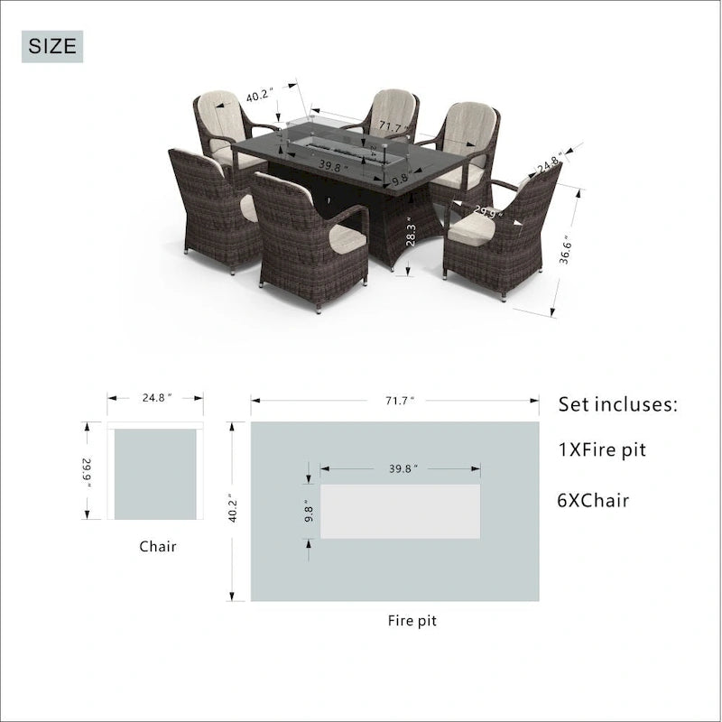 Ensemble table de brasero à gaz rectangulaire en osier pour extérieur avec 6 chaises de Moda Furnishings (housse de pluie incluse)