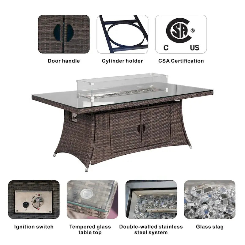 Ensemble table de brasero à gaz rectangulaire en osier pour extérieur avec 6 chaises de Moda Furnishings (housse de pluie incluse)