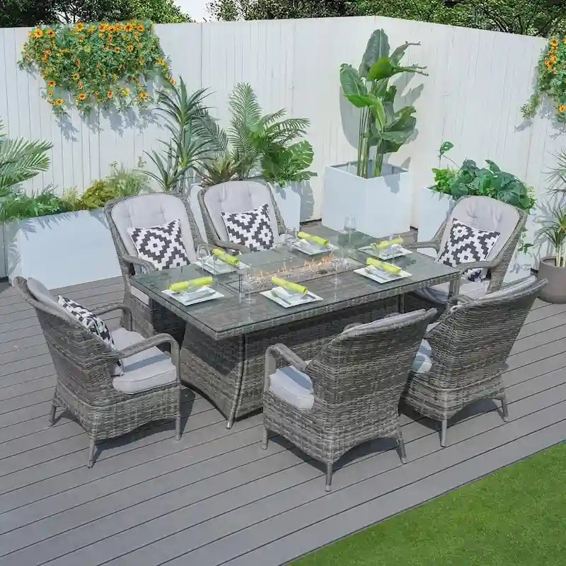 Ensemble table de brasero à gaz rectangulaire en osier pour extérieur avec 6 chaises de Moda Furnishings (housse de pluie incluse)
