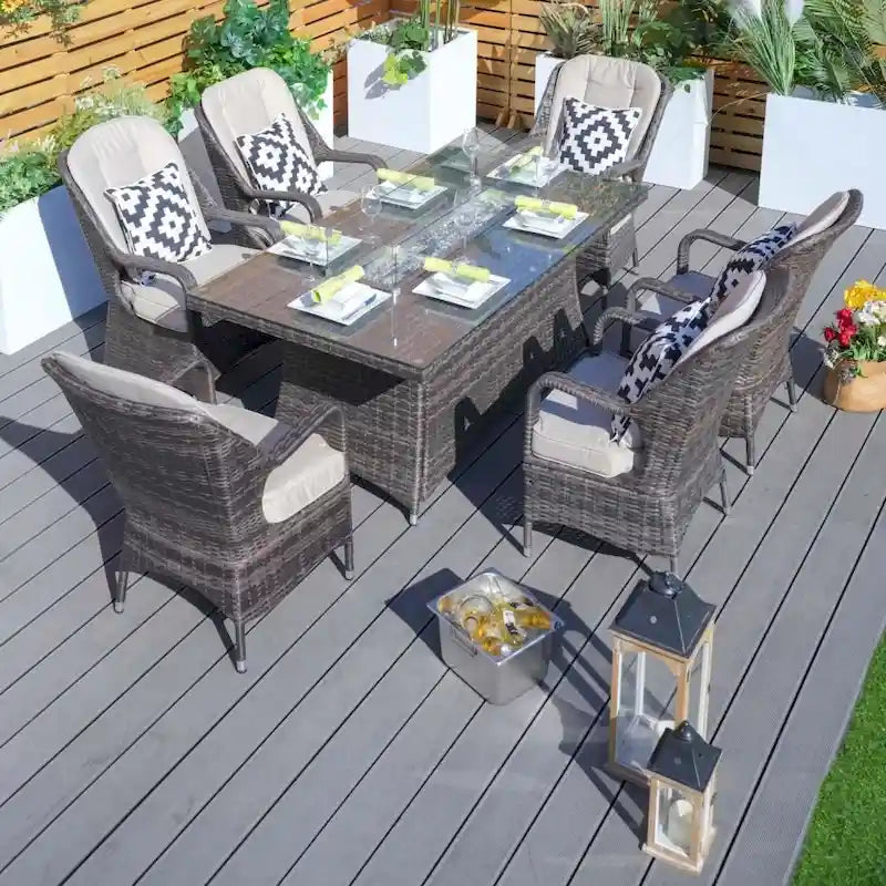 Ensemble table de brasero à gaz rectangulaire en osier pour extérieur avec 6 chaises de Moda Furnishings (housse de pluie incluse)