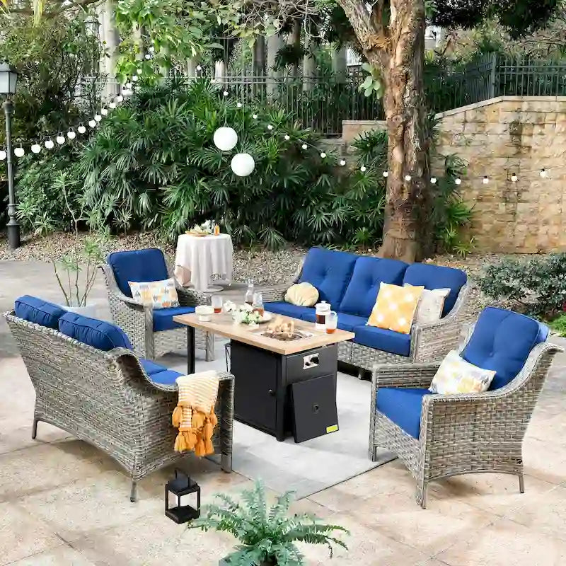 HOOOWOOO Ensemble de meubles de conversation de patio en rotin osier 5 pièces avec dossier haut