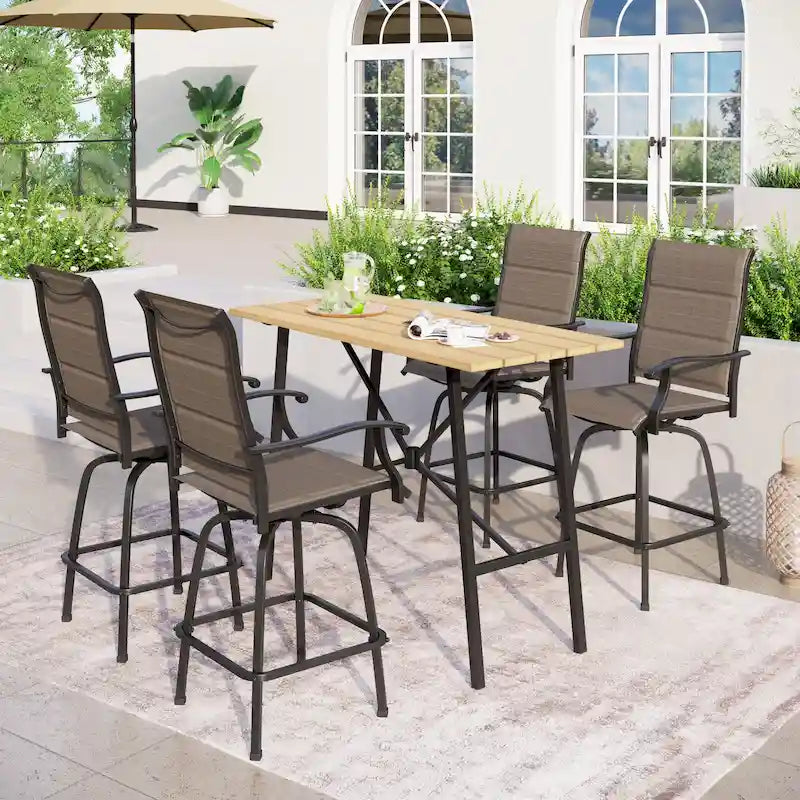 Ensemble de 5 tabourets de bar de patio avec table aspect bois et tabourets pivotants en textilène