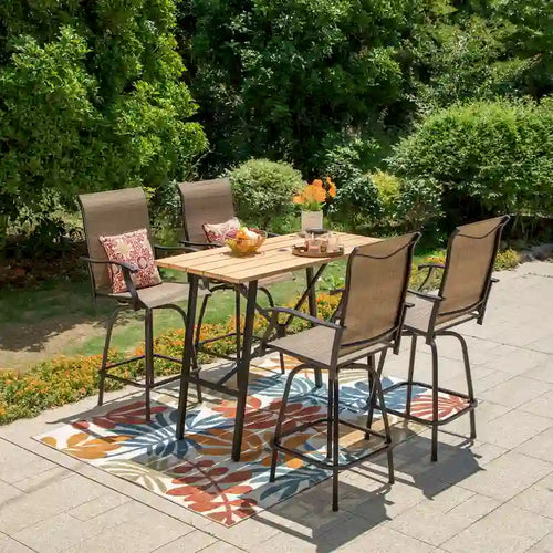 5-Piece Patio Bar Stool Set Wood-grain Bar Table & Textilene Swivel Stools