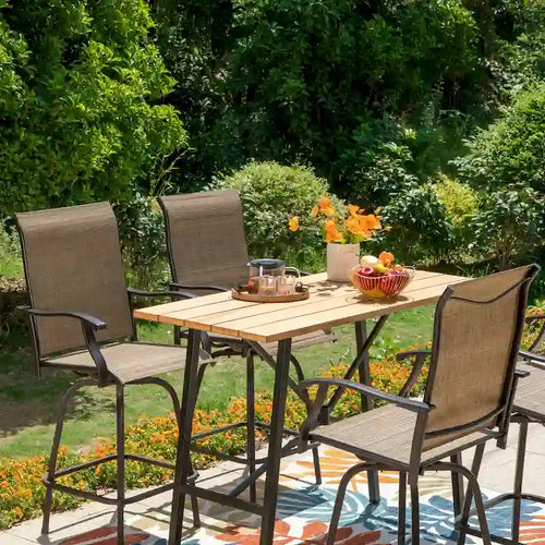 Ensemble de 5 tabourets de bar de patio avec table aspect bois et tabourets pivotants en textilène