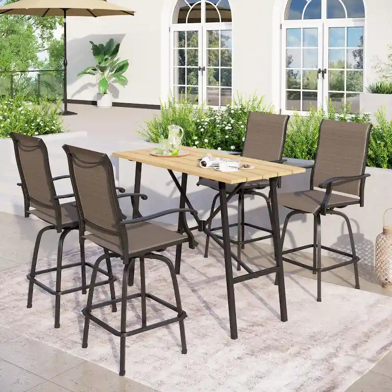 Ensemble de 5 tabourets de bar de patio avec table aspect bois et tabourets pivotants en textilène