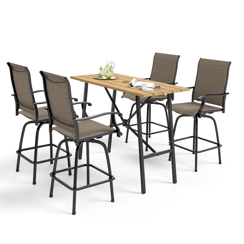 Ensemble de 5 tabourets de bar de patio avec table aspect bois et tabourets pivotants en textilène